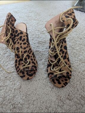Miss Lola Leopard Lace-Up Peep Toe Boots in Brown and Black